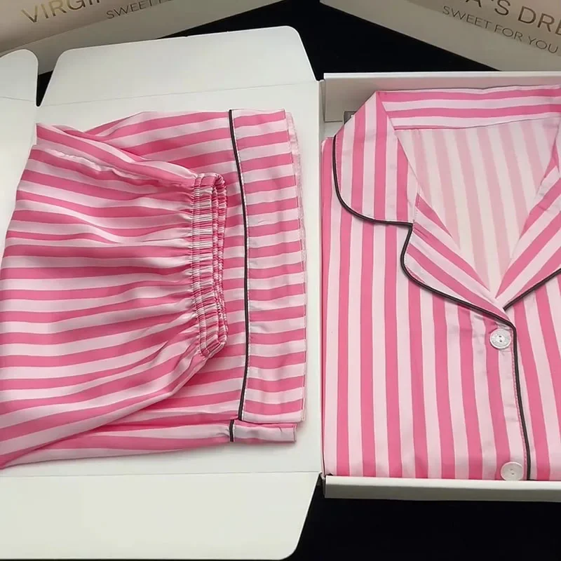 Women Summer Pajamas Short-Sleeved Lapels and High-Quality Pink Striped NightWear Loungewear Two-Piece Set ladies sleepwear