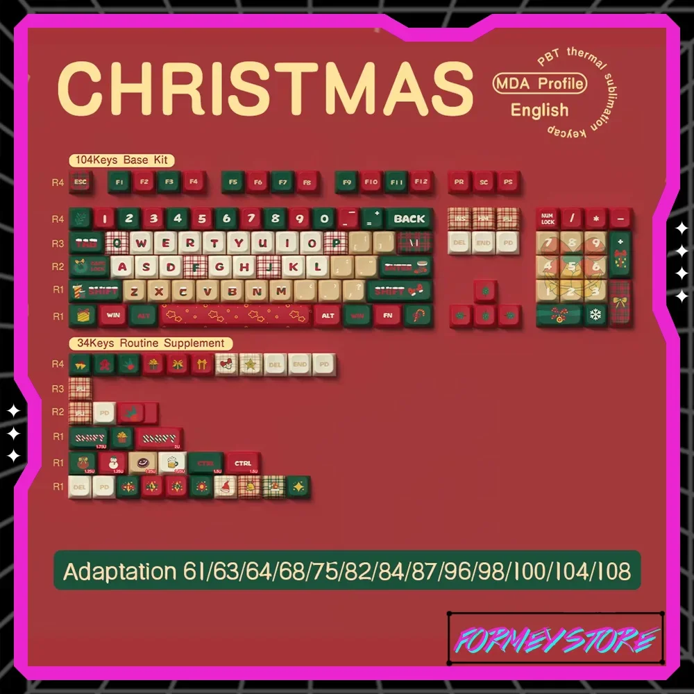 Christmas Theme Original Keycaps Customized Mechanical Gaming Keyboard Keycap Mda Profile Pbt Thermal Sublimation Christmas Gift