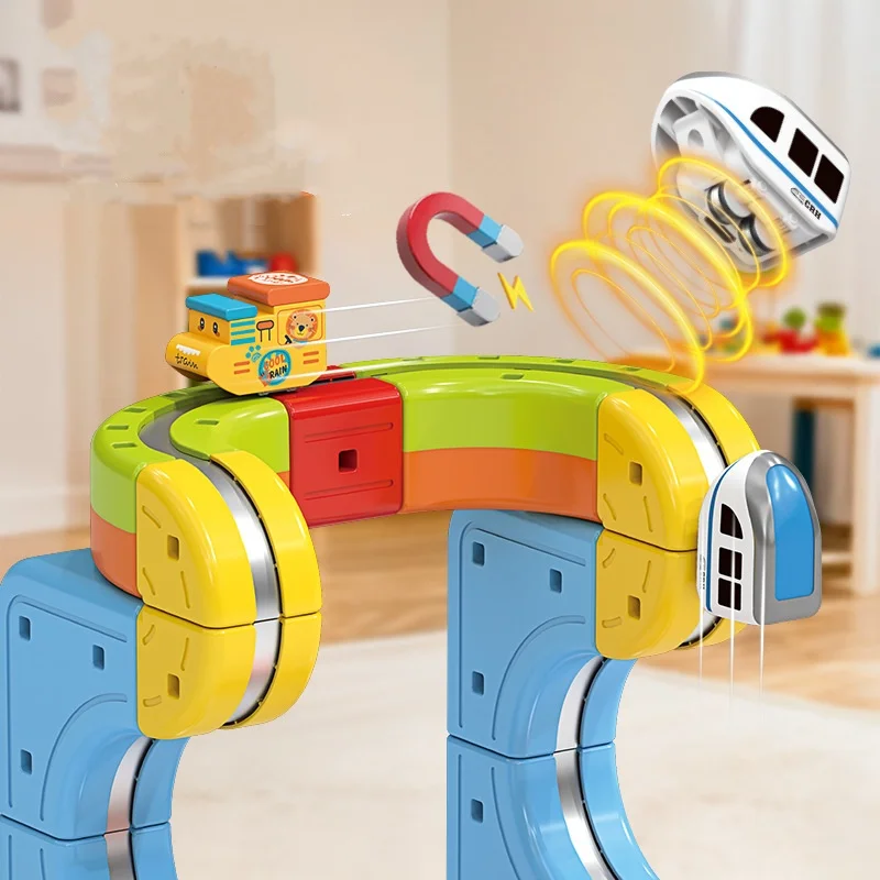 Magnetyczny zestaw kolejowy Klick Rail, elektryczny pociąg, elastyczna tor wyścigowa 3D, tor wyścigowy odporzający grawitację, z napędem, zestaw do budowania samochodów dla dzieci, zabawka edukacyjna.