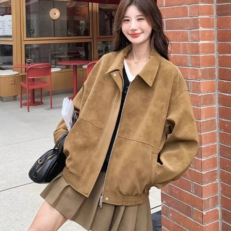 Primavera e outono nova jaqueta feminina solta commuter retro emenda jaqueta de veludo de couro