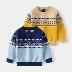 Korean Children Boy Sweater Cotton Argyle Wave Toddler Boys Pullovers 2024 Velvet Round Collar Elastic Hem Infant Boy Undershirt