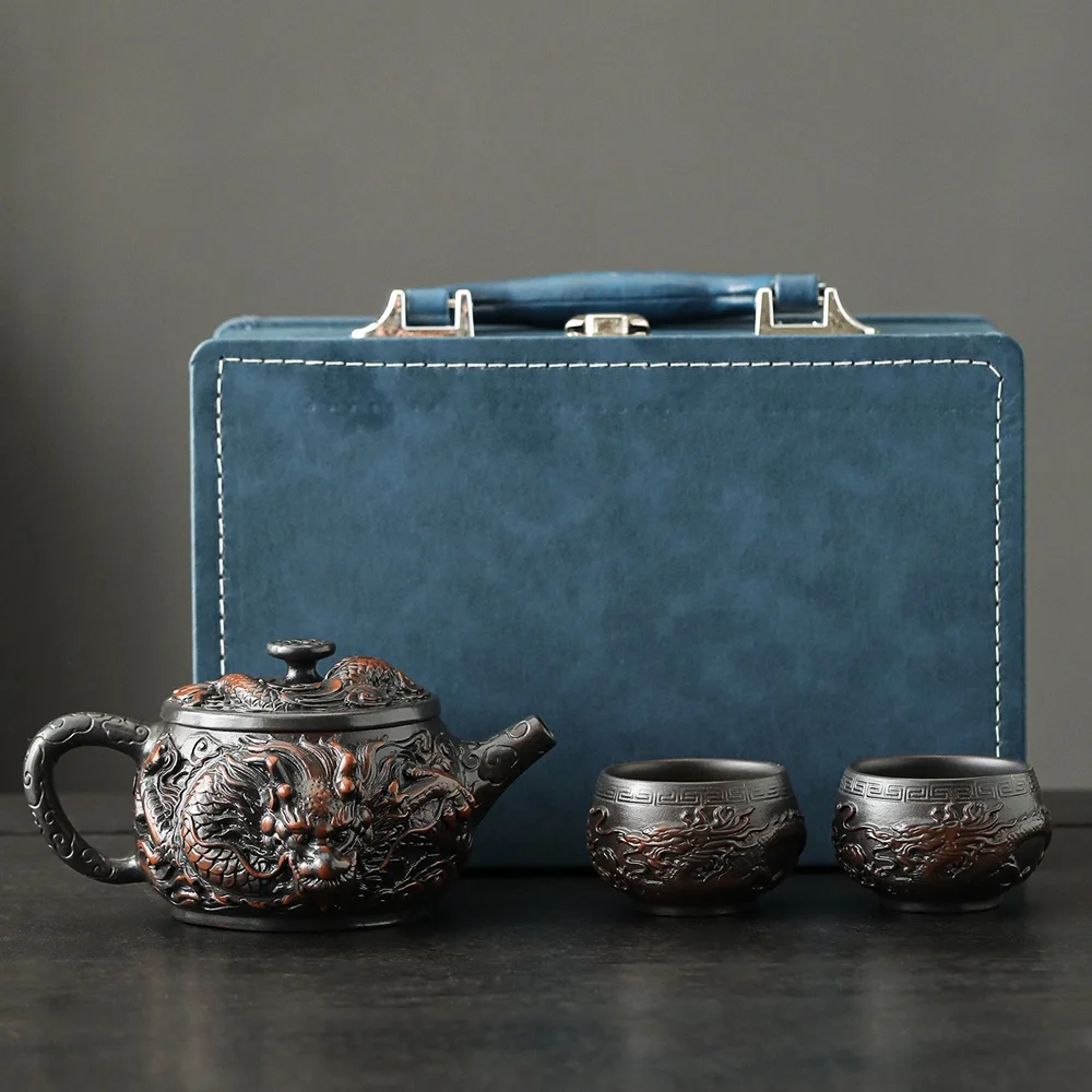 Jianshui Clay Purple Pottery Carving Teapot Hand Painted Antique Relief Teapot Household Teapot Kungfu Tea Set Dragon Kettle