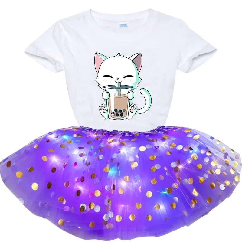 

Baby Girls Shiny Dress Glowing Kids Cartoon Cat Dresses for Girls Party Princess Dress Children Clothing T Shirt+Skirts Sets