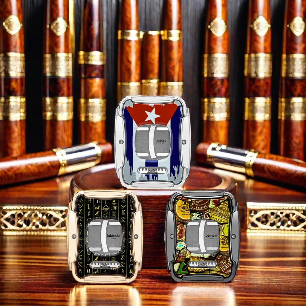 LUBINSKI Cigar Cutter Flag Pattern Semi-Automatic Wholesale Stainless Steel travel Pocket Cigar Cutter Leather Sheath Giftbox