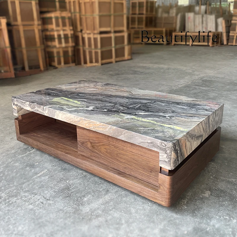 

Marble coffee table minimalist luxury stone antique style storage high-end walnut living room home fashion