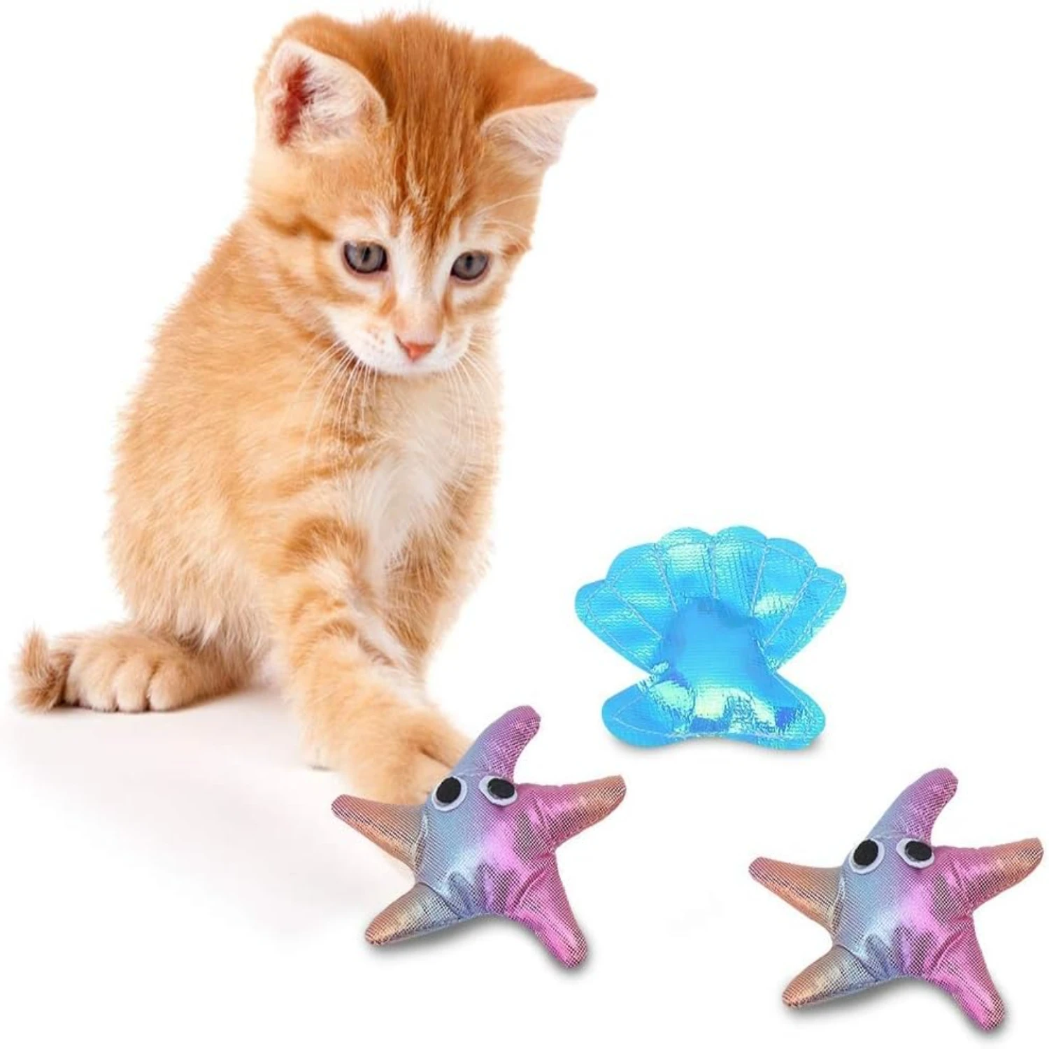 Engaging and Interactive Cat Toys in Adorable Starfish and Seashell Shapes - 4-Piece Set for Fun and Active Kittens - Excellent 