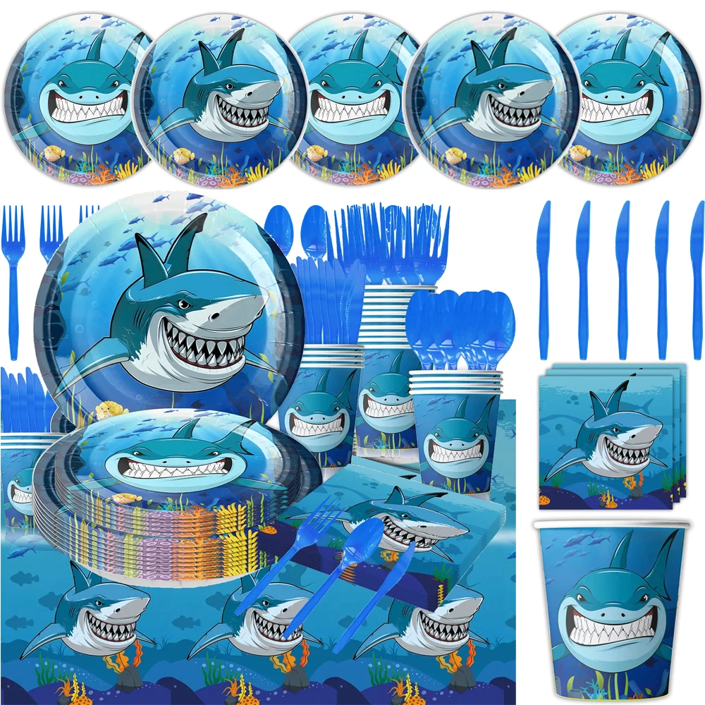 Cartoon Shark themed Party Supplies Cutlery Set Paper Cup Plate Table Set Ocean Wave Children's Birthday Party Decoration