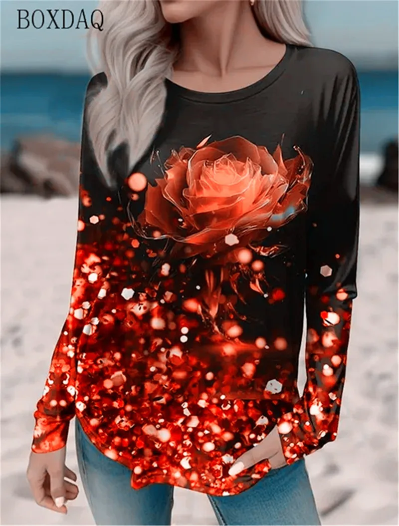 Floral Pattern And Gradient Women T-Shirts Spring Autumn Long Sleeve 3d Print Street Style Ladies Tees 6XL Plus Size Casual Tops