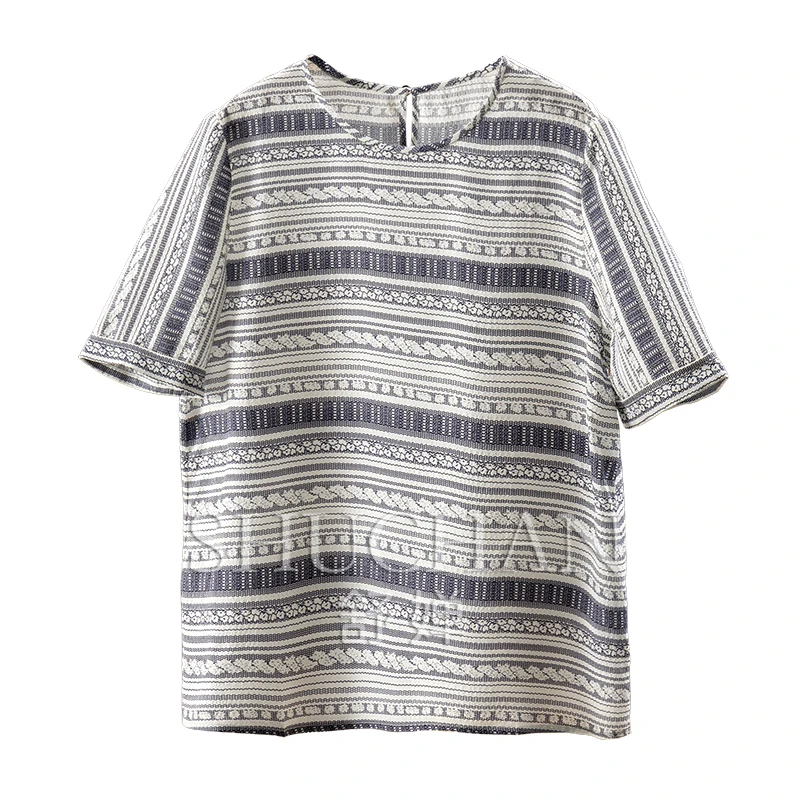 Print French Pure Silk Crepe Crepe Crew Neck Short Sleeve Shirt Women's 73C4 Blusas Femininas Com Frete Gratis