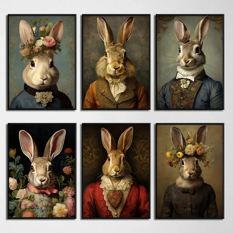 صورة أرنب عتيقة للغرفة ، رأس حيوان ، جسم بشري ، فن حائط مضحك ، ملصقات مطبوعة ، لوحة قماشية ، ديكور منزلي ، مطبوعات عصر النهضة