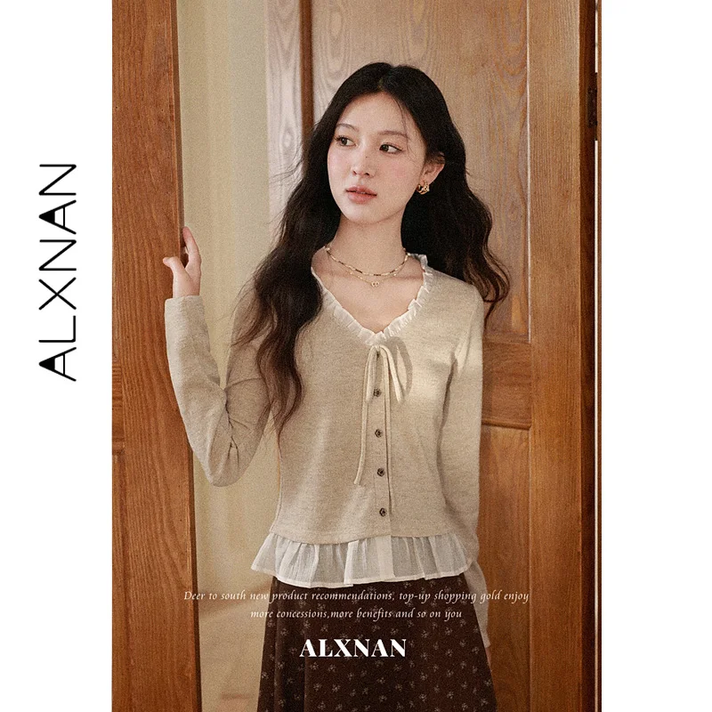 ALXNAN Oat Long Sleeve T-shirt V-neck Thin Strap Bow Buttons Chest Decorated Lace Splicing Neckline and Hem Ladies Tops L67631