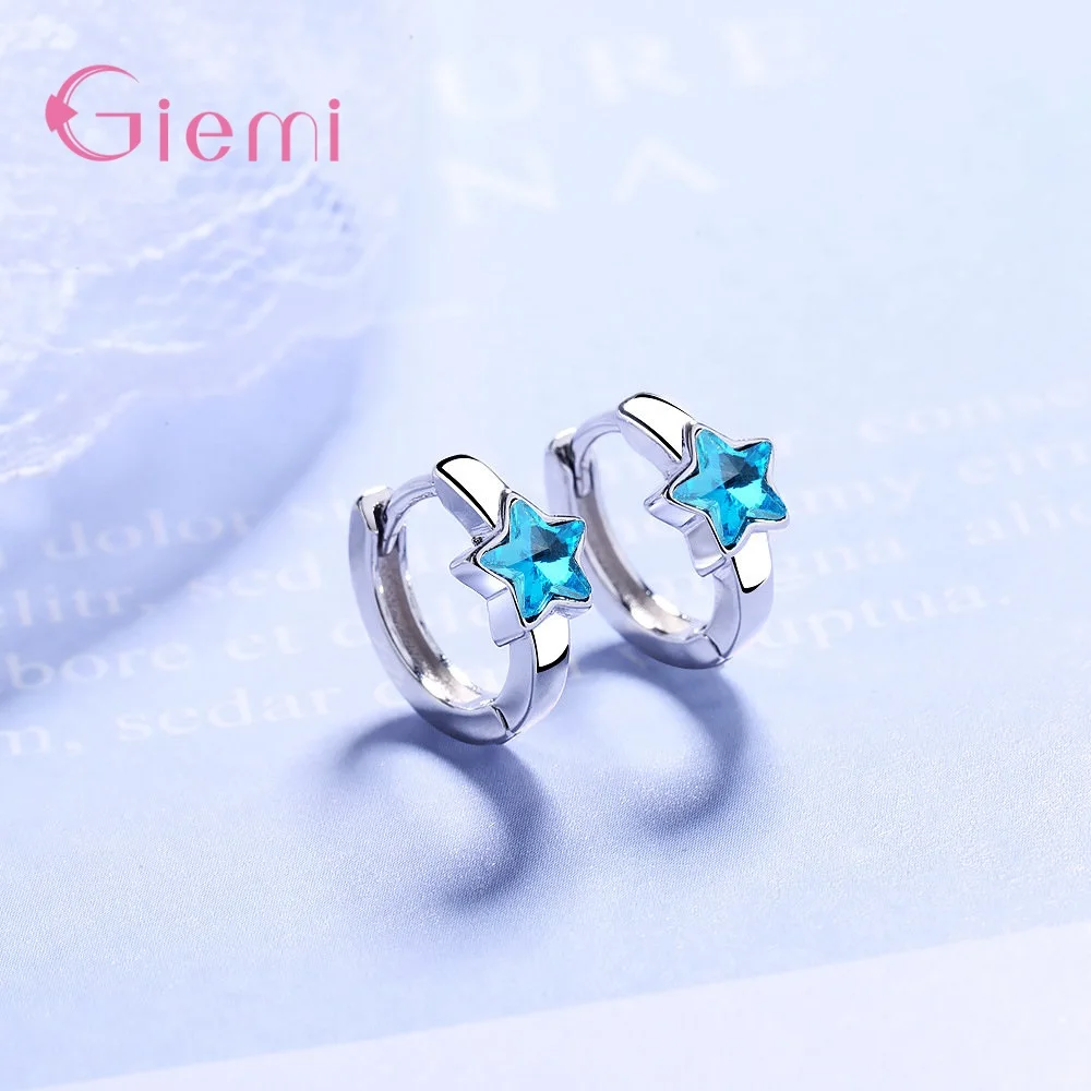 

925 Sterling Silver Hoop Earrings For Women Girls Party Engagement Austrian Crystal Decoration Jewelry Cute Star Design