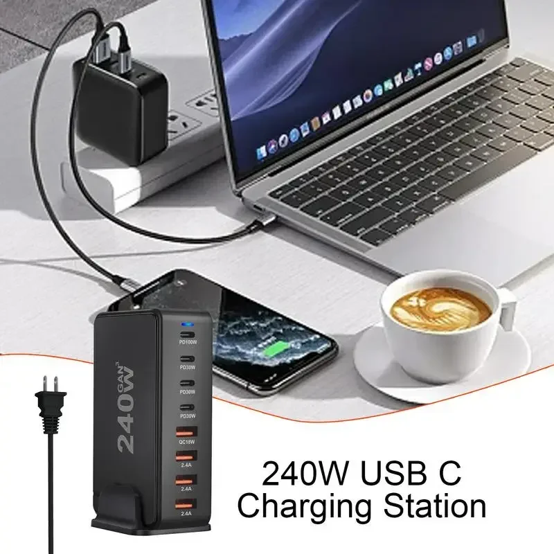 เครื่องชาร์จ Gan ตั้งโต๊ะ240วัตต์ที่ชาร์จ USB Type C PD แบบ8พอร์ตชาร์จเร็วชนิด USB 3.0แบบ C4A4C