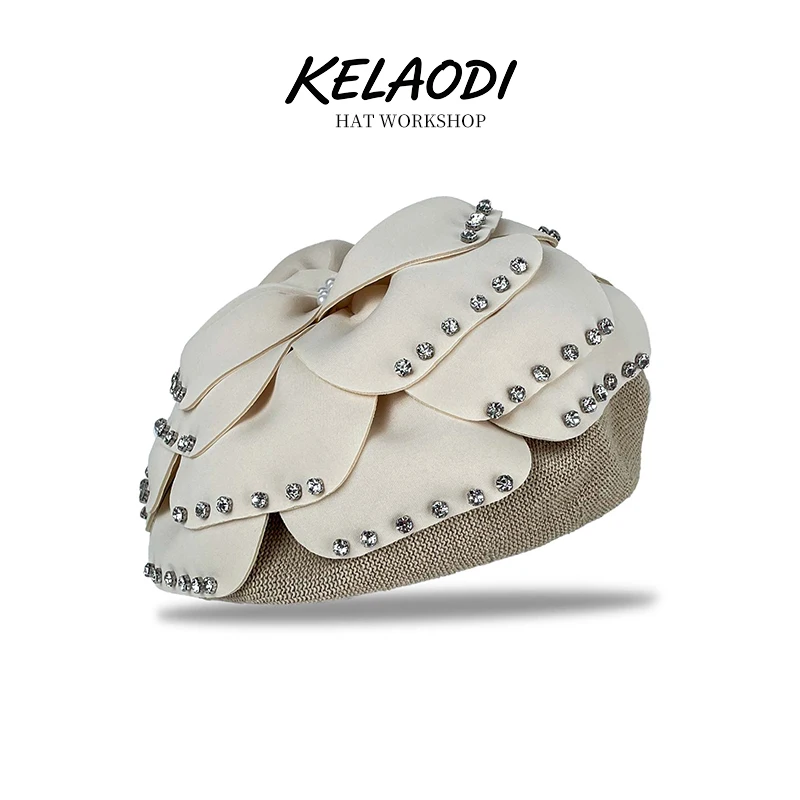 

Ladies luxury rhinestone beret elegant petal breathable linen artist hat elegant banquet party formal headwear banquet night hat