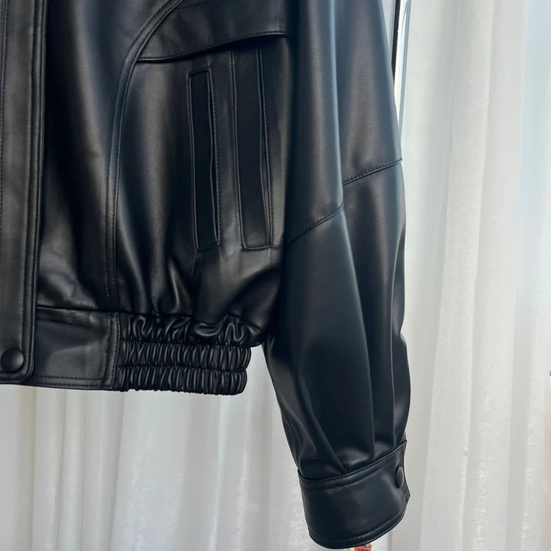 Mode Highstreet Vrouwen Echte Lederen Jassen Tops Casual Zwarte Revers Drop-Schouder Vrouwelijke Losse Schapenvacht Jassen