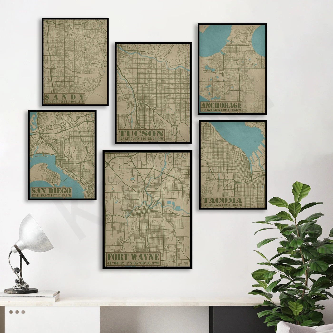 Fort Wayne Rockford Sandy Tucson El Paso Anchorage San Diego Tacoma Lawrence Lemoore Pittsburgh.City Travel Map Poster