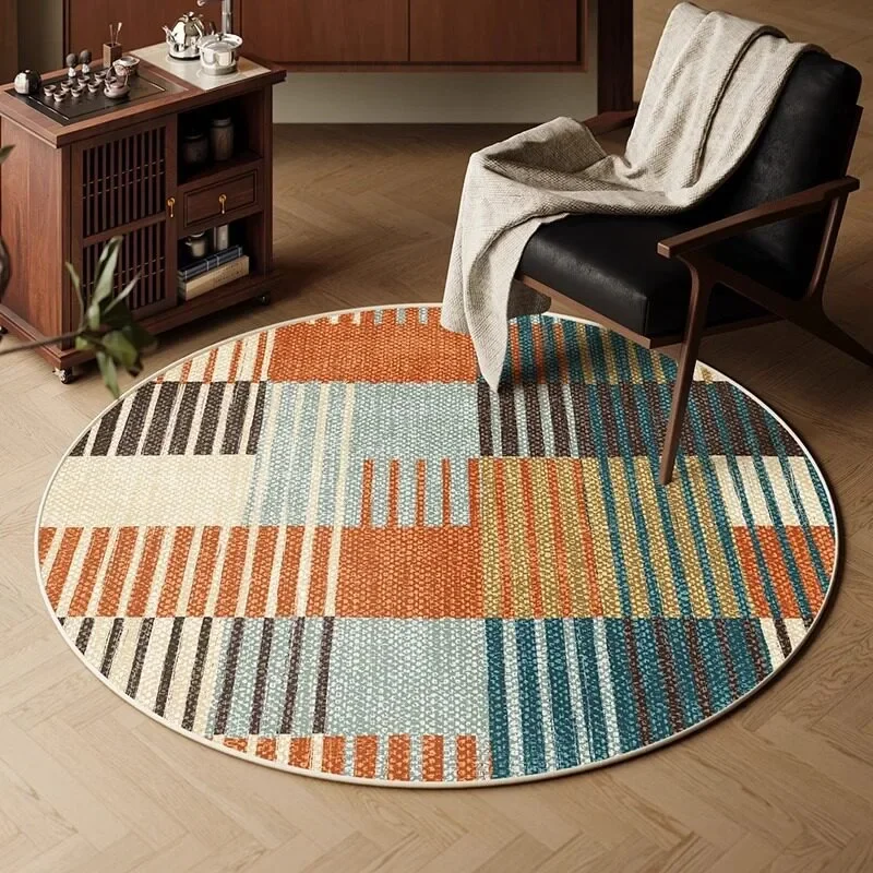 Round Living Room Rug Stain-resistant Wear-resistant Floor Mat American Style Retro Geometric Pattern Carpet Home Decor Carpets