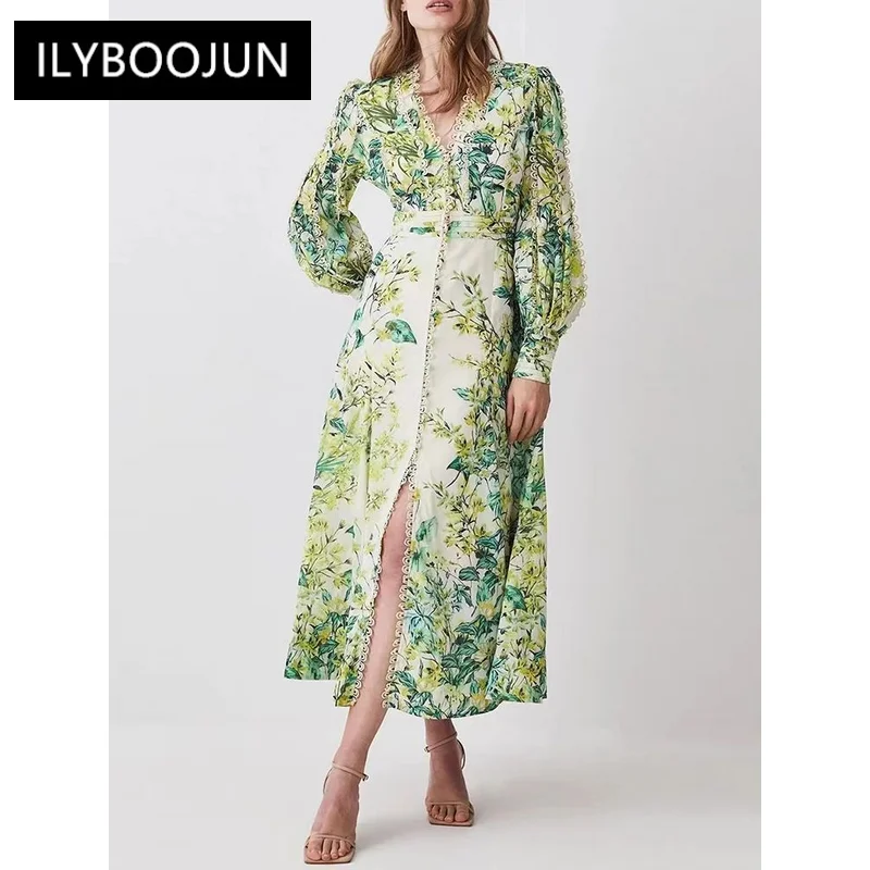 

Summer Printing Long Dresses For Women V Neck Lantern Sleeve High Waist Spliced Single Breasted A Line Dress Female Fashion