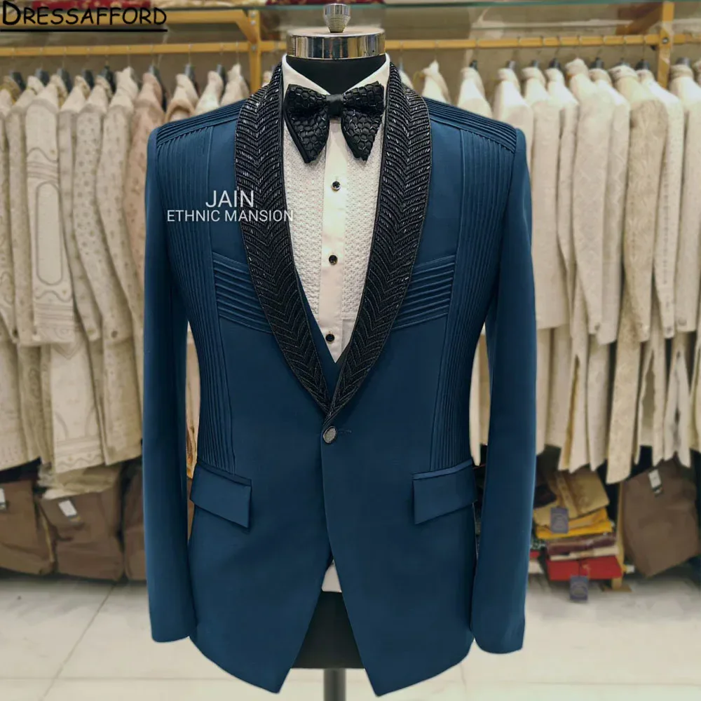 Blue Pleat Men's Suits Fashion 2 Pieces Sets Groom Prom Blazers Handmade Beaded Decoration Tuxedos Men