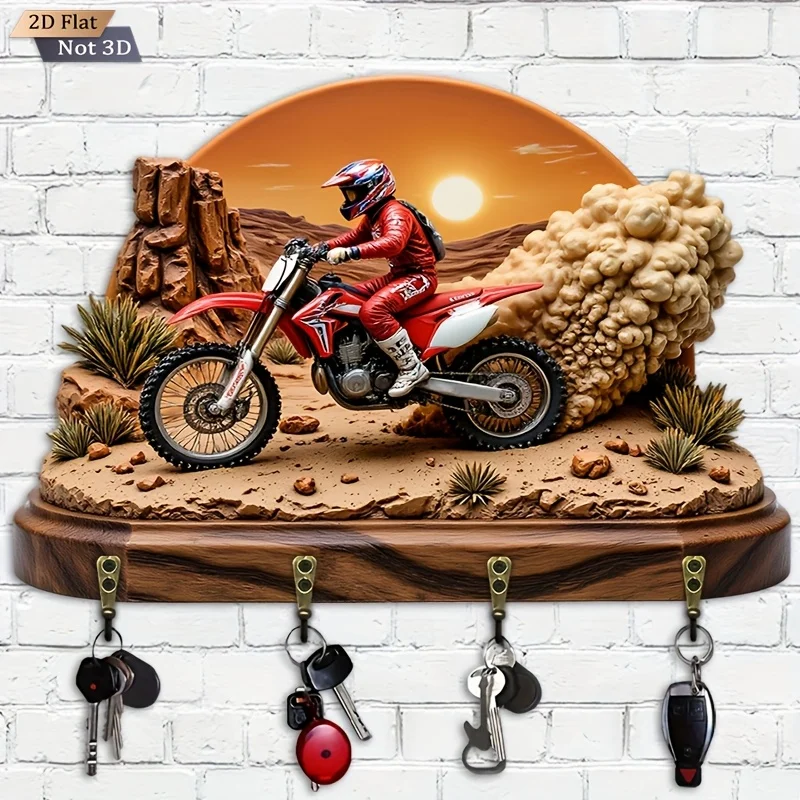 2D Flat. 1pc. Desert Motorcycle Key Hook - Wooden Multi-Functional Decorative Holder with Four Metal Hooks, Wall Décor for Room - Image 5