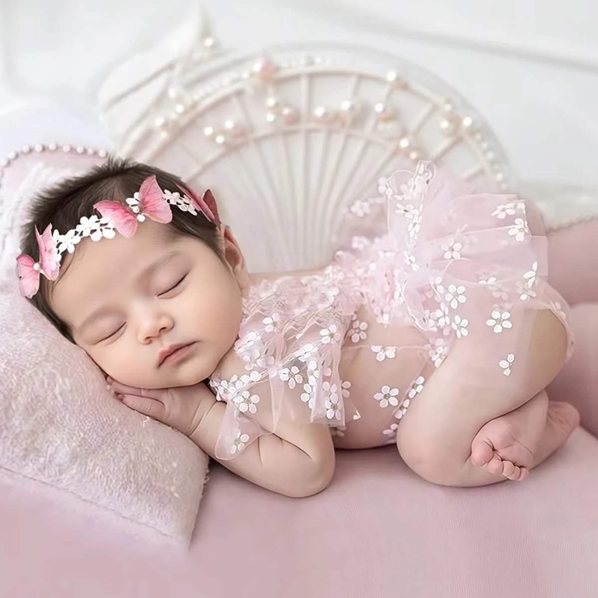 

Ylsteed комплект из 2 предметов, пыльно-розовый кружевной комбинезон для новорожденных для фотосессии, пушистая сетчатая кружевная одежда для фотосъемки с повязкой на голову-HD