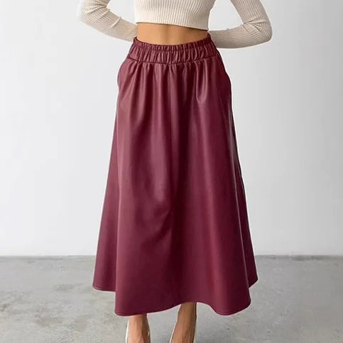 Women's Elastic Waist Soft PU Leather Long Skirt Elegant A-line Skirts Ladies Fashion Autumn Winter Style Long Skirt Woman