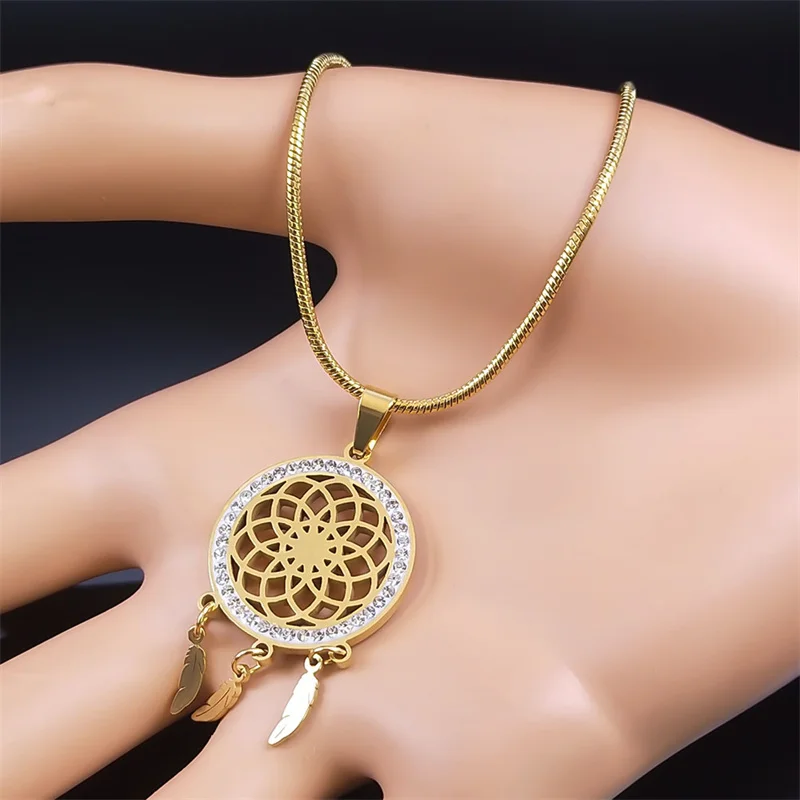 Sacred Geometry Flower Seed of Life Dream Catcher Necklace for Women Stainless Steel Feather Tassels Chain Jewelry N8230S01