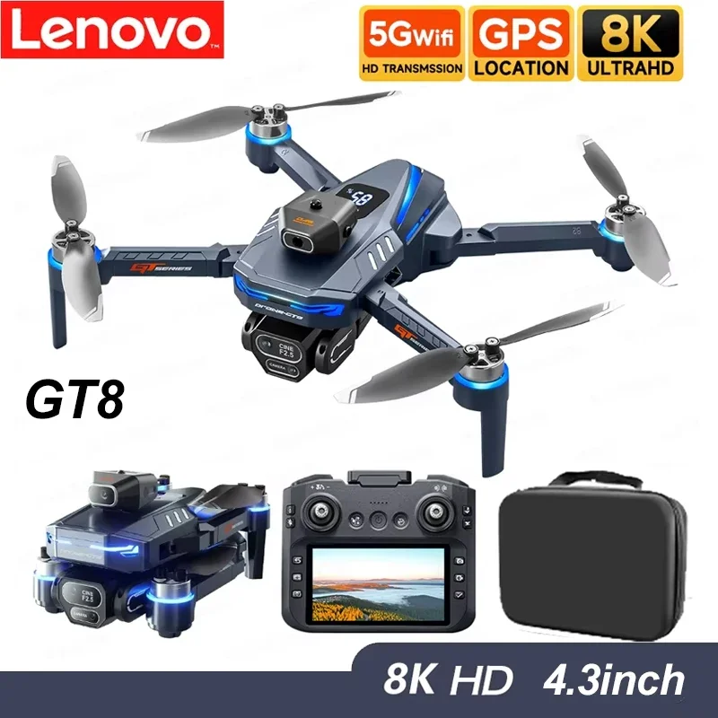 레노버 GT8 드론 8K 프로페셔널 듀얼 카메라 GPS FPV 브러시리스 모터 옵티컬 플로우 호버링 접이식 쿼드콥터 4K RC 드론 장난감