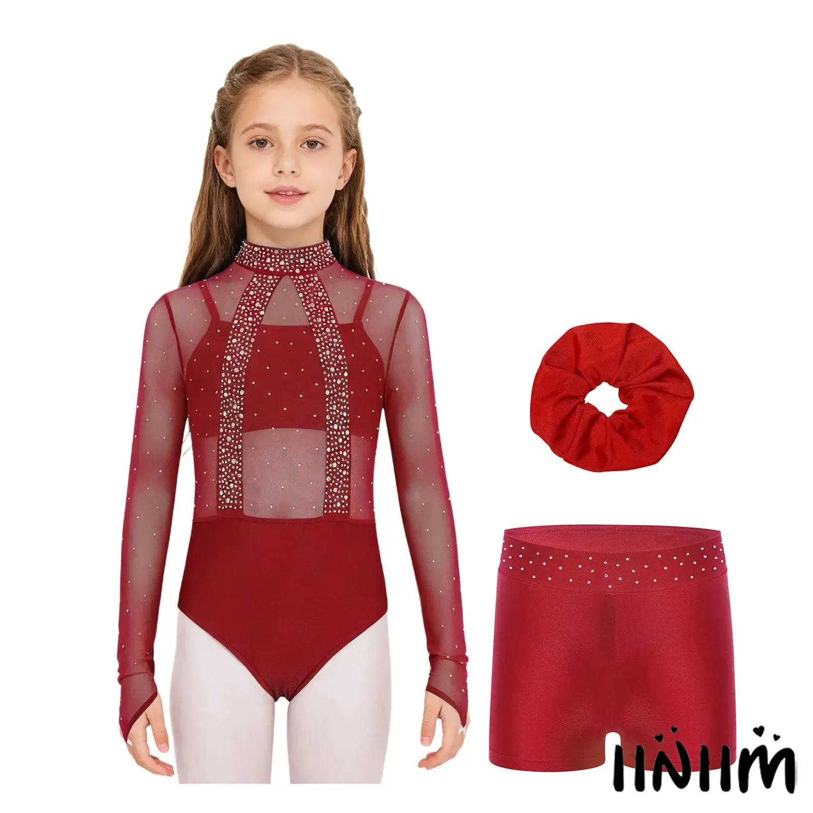 Bambini Ragazze Ballerina Pattinaggio su ghiaccio Abiti per spettacoli di danza Strass lucidi Corpetto in rete trasparente Body + Pantaloncini a canotta + Fascia per capelli