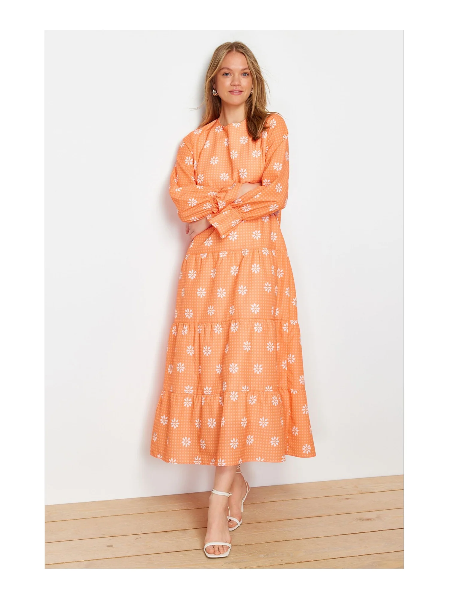 Trendyol TYZA Women's Dresses Casual Skater Terrycotton Floral Standard Sleeve Crew Neck Oversize Dresses Casual
