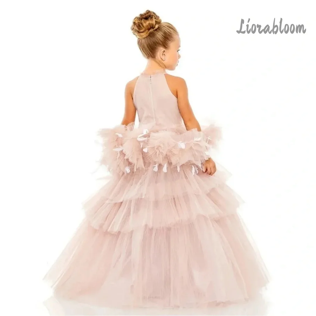 Abito da Cerimonia Personalizzato per Bambine, Vestito da Principessa a Strati, Abito da Damigella Soffice con Fiori, Abbigliamento per Feste di Matrimonio