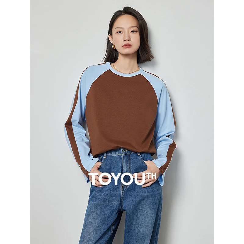 TOYOUTH Women Tees 2024 Spring Long Sleeve O Neck Contrast Raglan Sleeves T-shirt 3 Color Antimicrobial Fabric Soft Tops