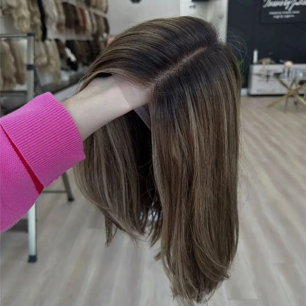 

Натуральный прямой парик Bob средней длины с пробором посередине, 14 дюймов, коричневый омбре, синтетические волосы для женщин, для повседневного ношения