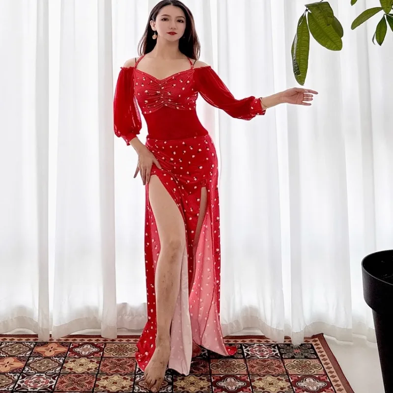 Customized Swegal Sexy Belly Dance Costume Mesh Color Blocked Oriental Dance Clothing Practice Dress Belly Dancing Long Skirt