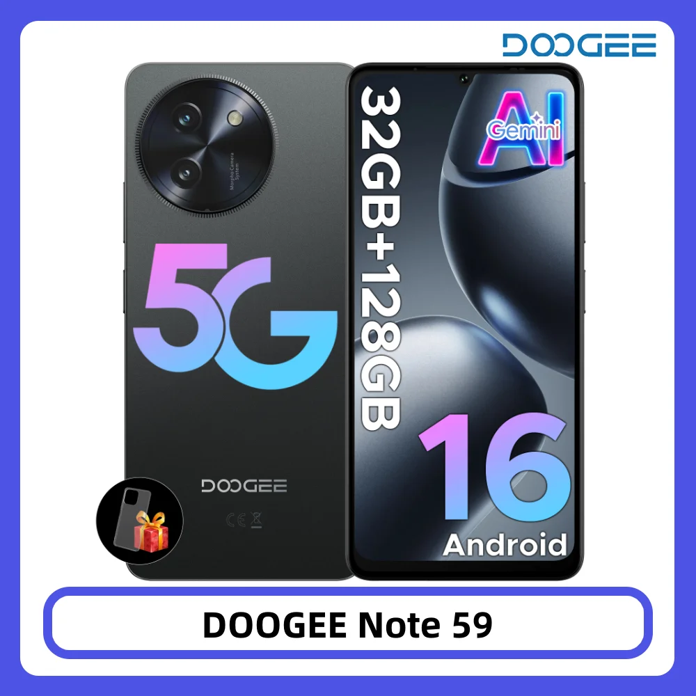 DOOGEE Note 59 5G Smartphone 32 GB 128 GB 6250 mAh Großer Akku 6,75 Zoll 120 Hz UNISOC T8200 Octa Core Android 15 Widevine L1 NFC
