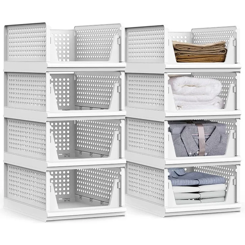 

Stackable Storage Bins,8 Pack Foldable Plastic Wardrobe Clothes Organizer Drawer Shelf Storage Basket Container Plastic Dra