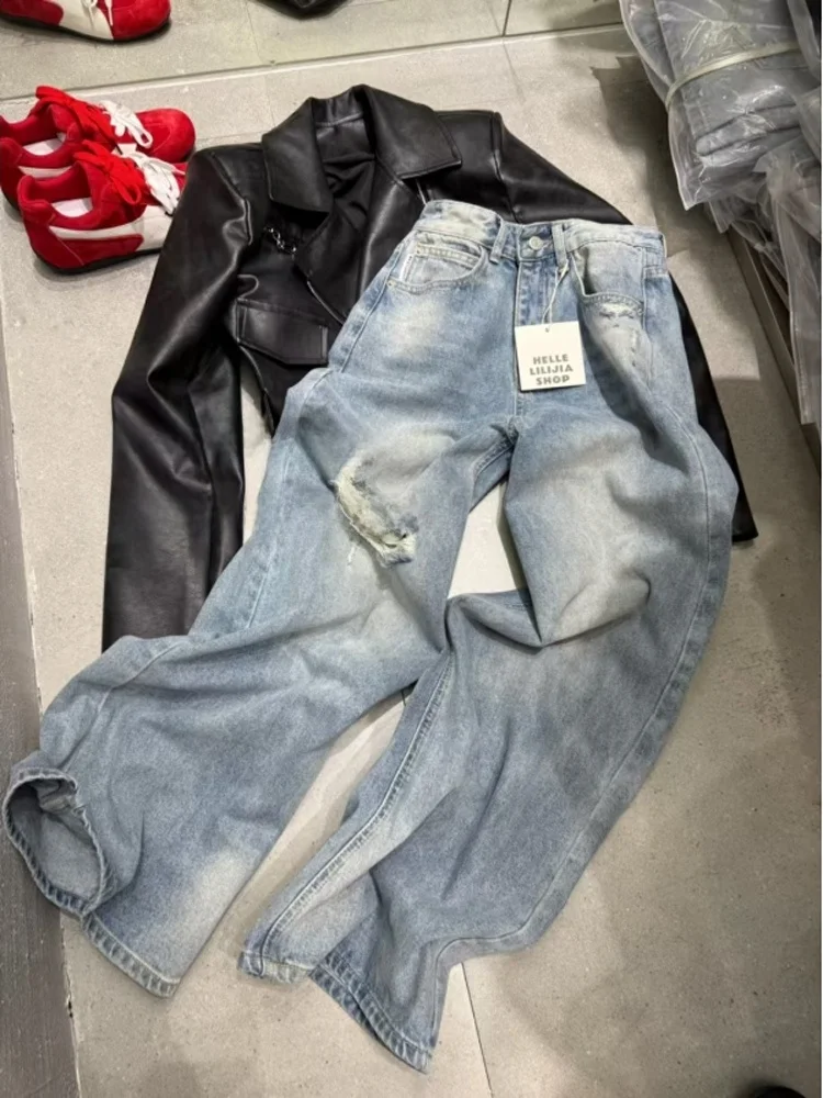 Frühling Sommer 2025 Dongda Gate High-Waist Wide-Leg Jeans mit Einzelschlitz, gerader Schnitt, vielseitige Damen-Denim-Hose
