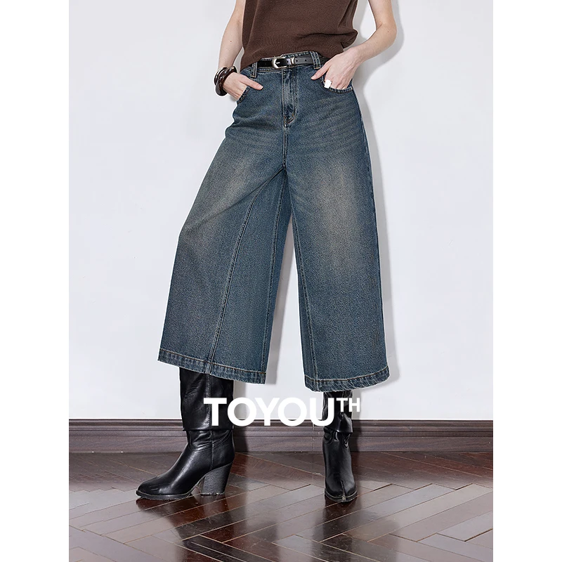 TOYOUTH Women Denim Jeans 2025 Spring New Mid Waist Wide Leg Straight Casual Capris Pants