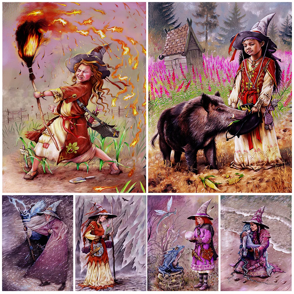 Traveling Little Witch Wall Art Canvas Painting Fire Thunder Magic Witch Vintage Art Poster And Prints Wicca Home Decoration