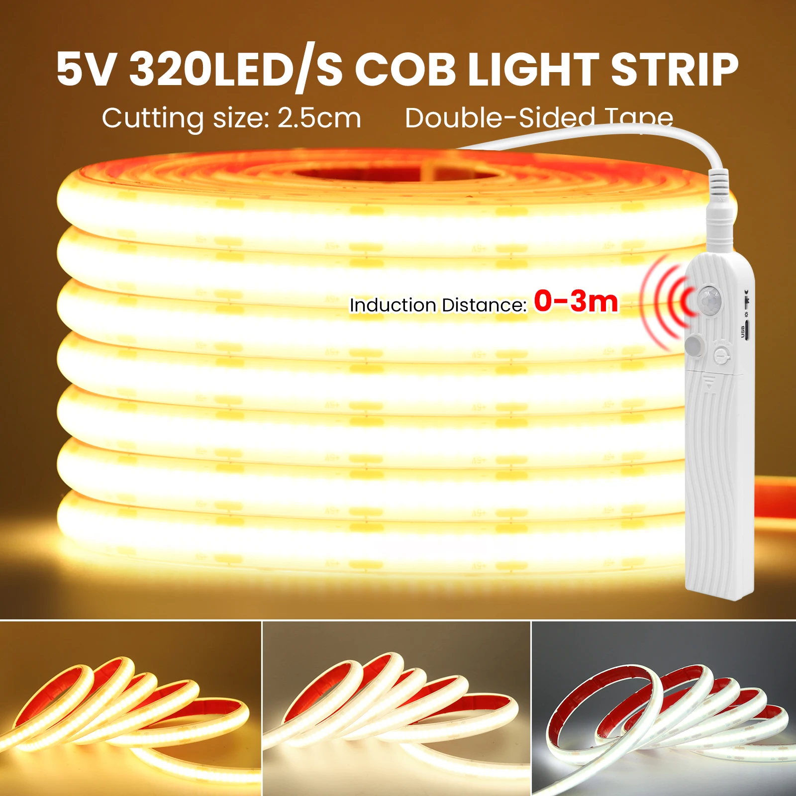 

Battery Powered LED COB Light Strip Motion Sensor Flexible Diode Tape 5V 320Leds/m IP68 Waterproof Linear Lighting DIY Backlight
