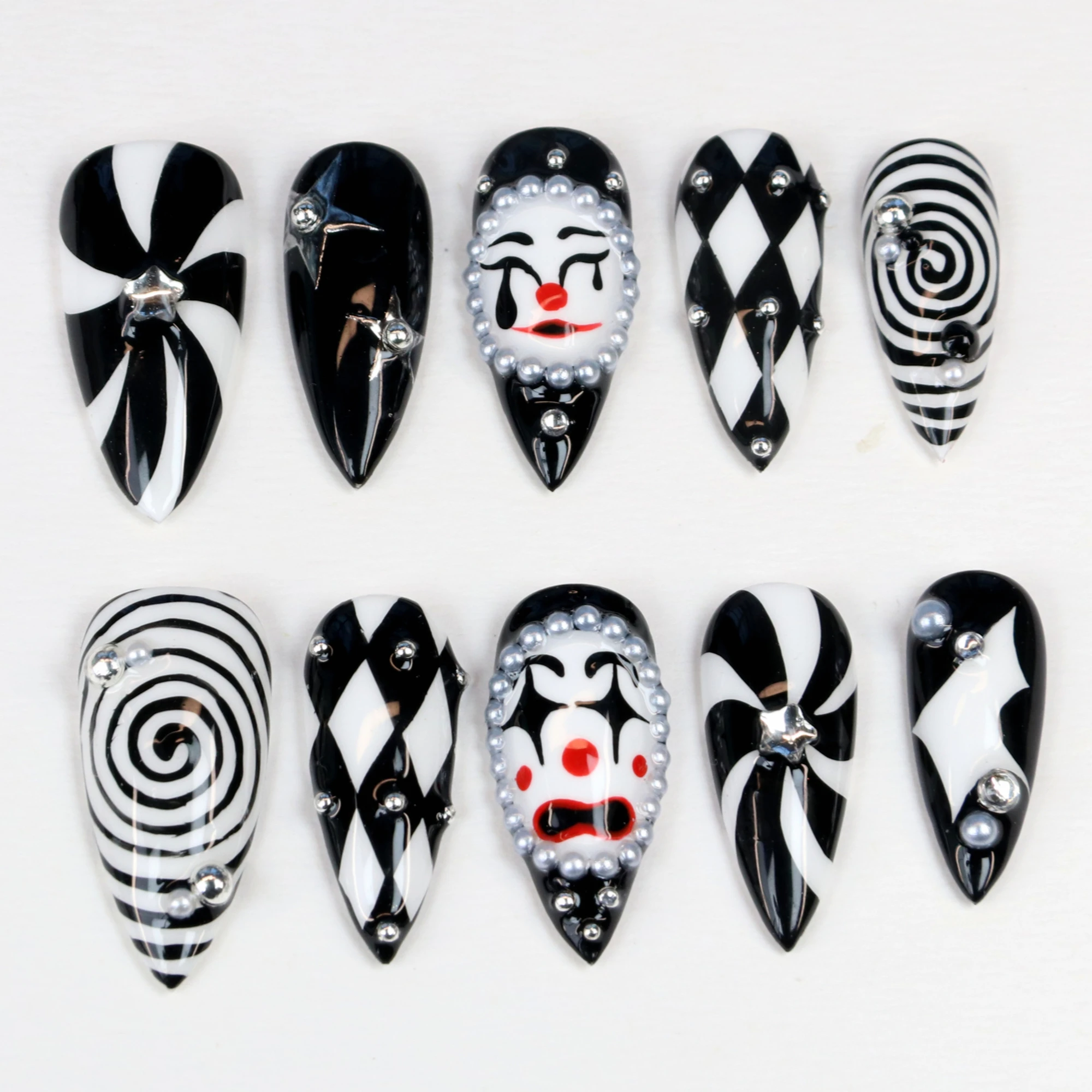 10개입 3D 수제 매니큐어 프레스온 네일, 광대 아크릴 가짜 손으로 그린 맞춤 디자인 모든 성인의 날 접착 네일 파일 세트