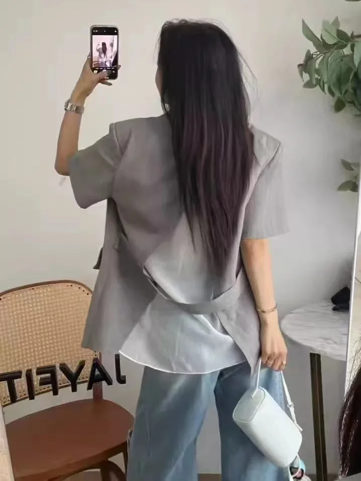 Women's Fashion Slim Fit Short Sleeve Suit Jacket with Mesh Splice Design And Back Split High-End Feelings Loose Style