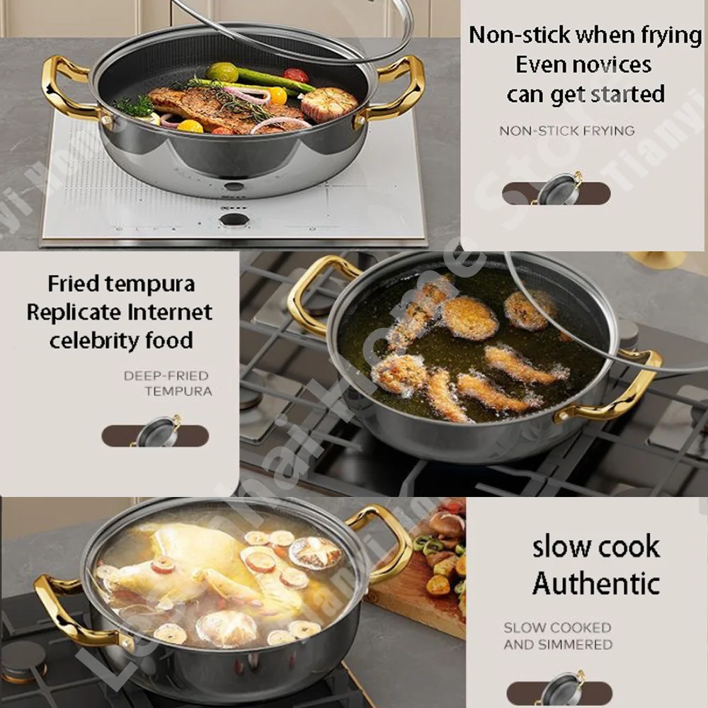 30cm Stainless Steel Soup Pot Wok Non-stick Honeycomb with lid Household Frying Pan Induction Cooker Gas Stove Universal Hot Pot