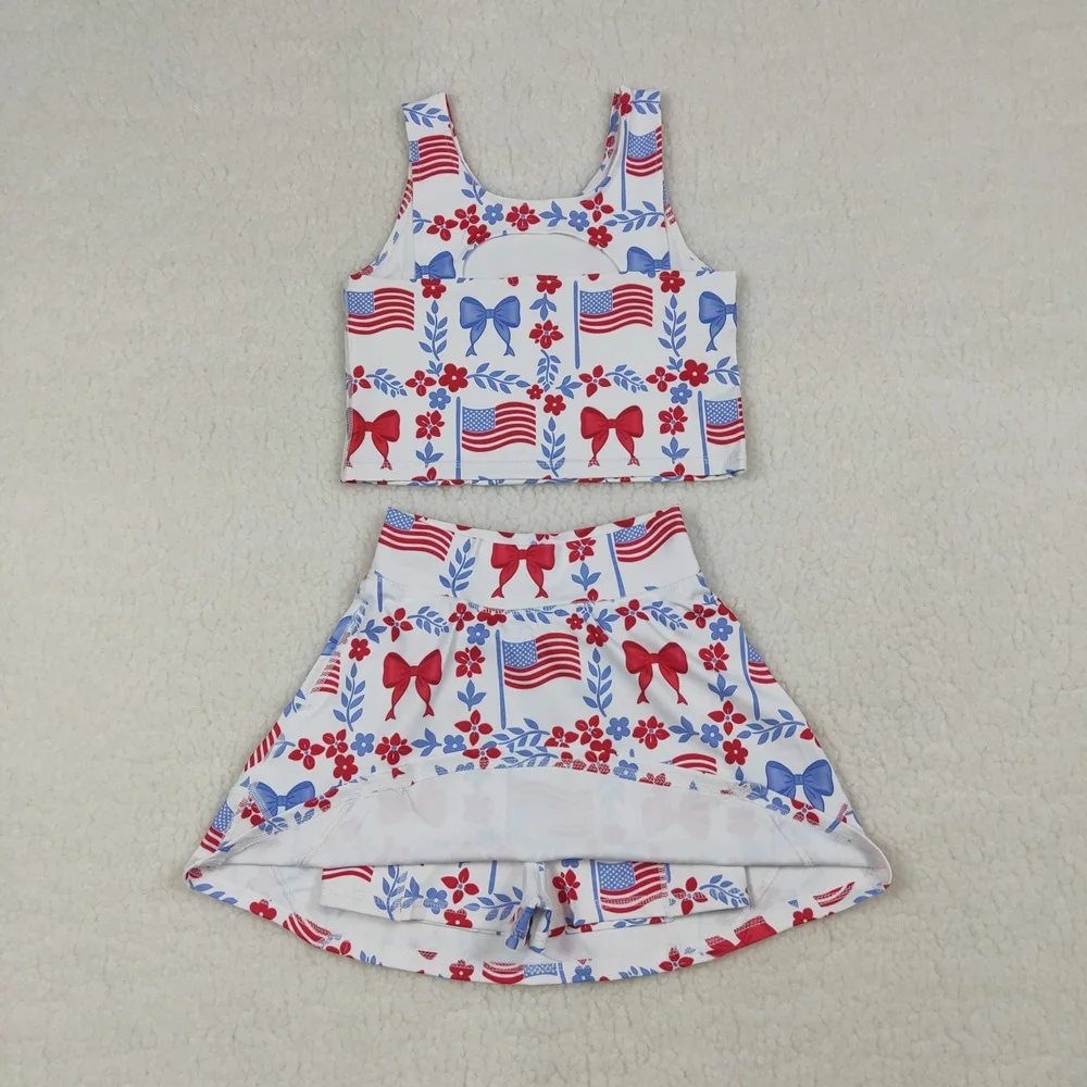 Wholesale Baby Girl Yoga Active 4th of July Clothing Toddler Flags Bows Shirt Skirt Shorts Kids Skort Set Athletic Clothes