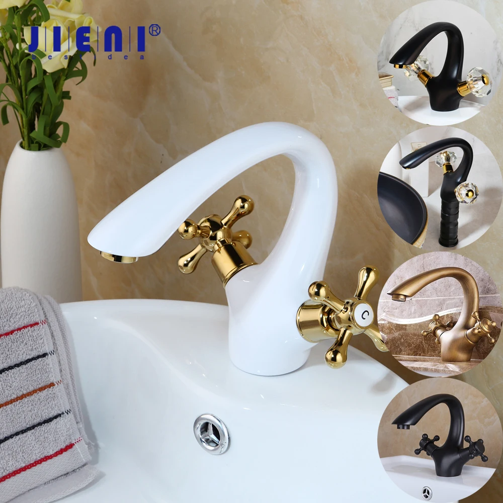 

JIENI White Novel Bathroom Sink Faucets Deck Mounted Washbasin Brass Faucet 2 Handles Hot Cold Modern Mixer Taps