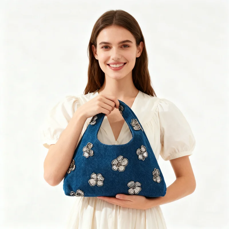 

Креативная джинсовая сумка Star Dream, женская большая сумка, винтажная маленькая женская сумка с блестящим цветочным принтом, мягкая внутренняя структура с открытым верхом