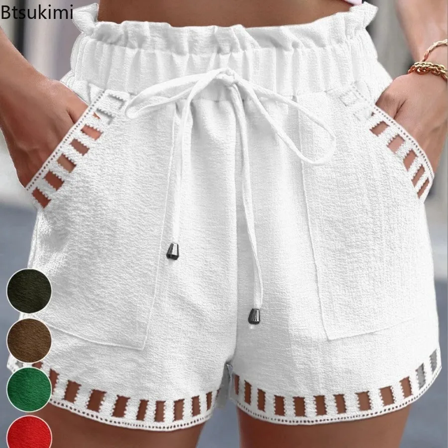 Summer Cotton Linen Shorts for Women Fashion Splice High Waist Drawstring Loose Casual Short Pants Ladies Hollow Pocket Shorts