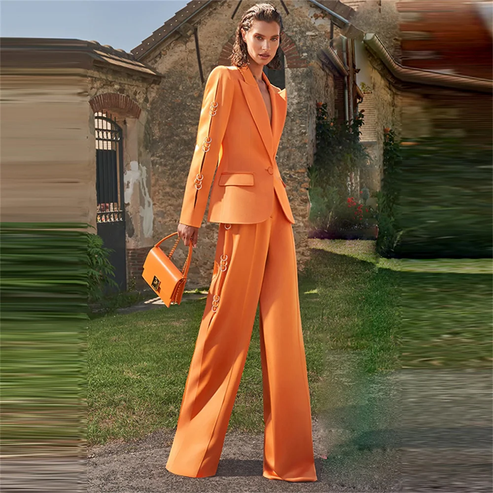 Fashion Women Two Piece Set 2023 New Orange Female Metal Ring Decoration Blazer Trouser Suit Lady Business Party Formal Pant Set