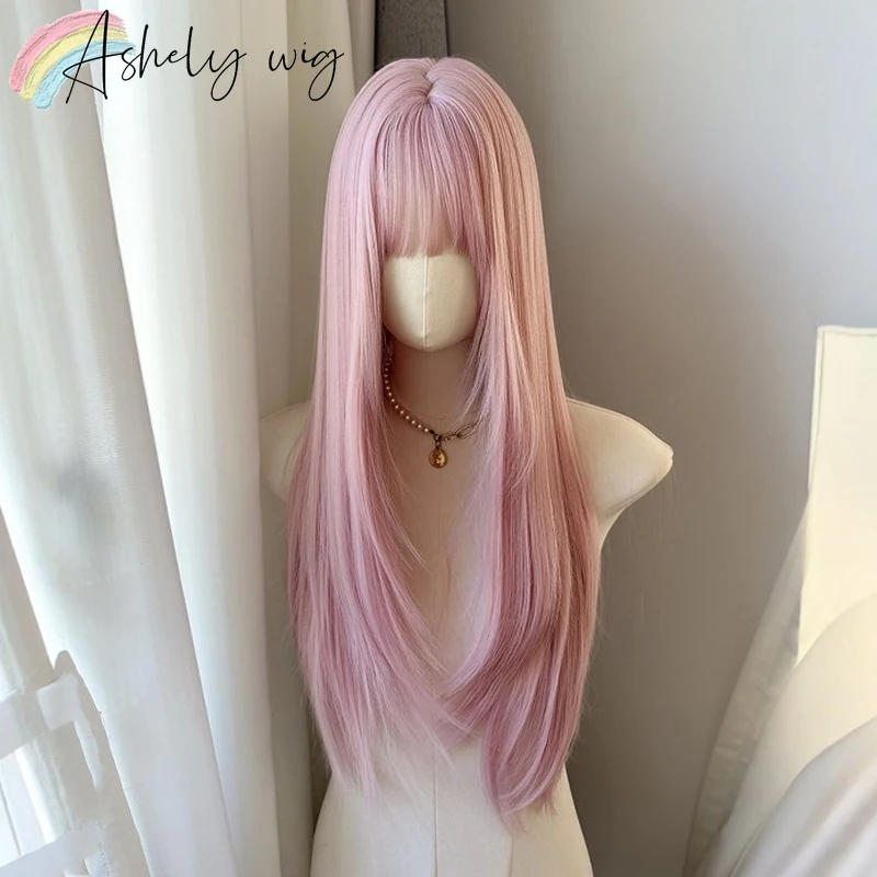 Ashley Pink Perücke mit Pony, 71,1 cm lange, glatte Haarperücke für Frauen, süße Lolita-Hochtemperaturfaser-Synthetikperücken für Cosplay