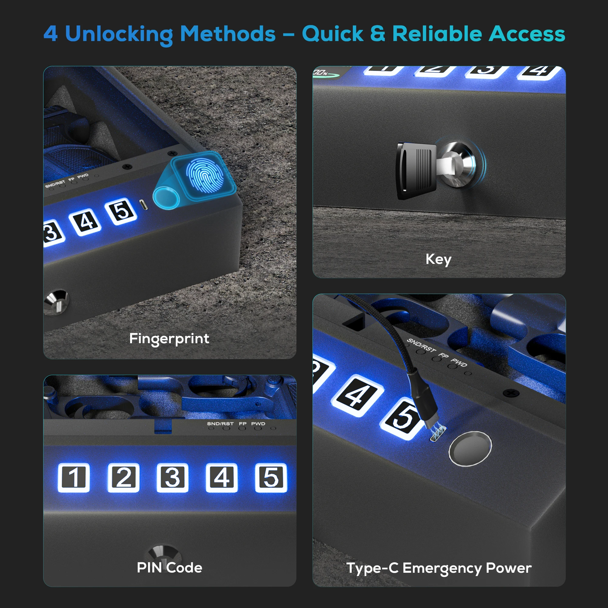خزائن مسدس آمنة للمسدس، خزائن مسدس بيومترية مع شاشة LCD وصندوق قفل مسدس يدوي مضاد للسرقة لدرج المكتب ومنضدة السيارة #6